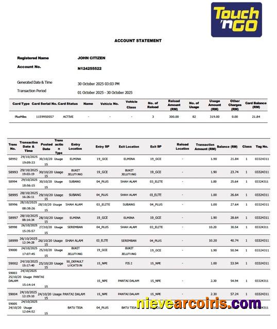 Malaysia Touch'n Go account statement Word and PDF